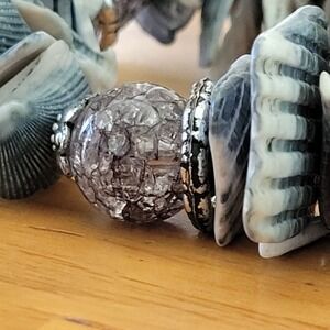 Chunky Shell Chip Stretch Bracelet Purple Crackle Glass Silver Tone Boho Coastal